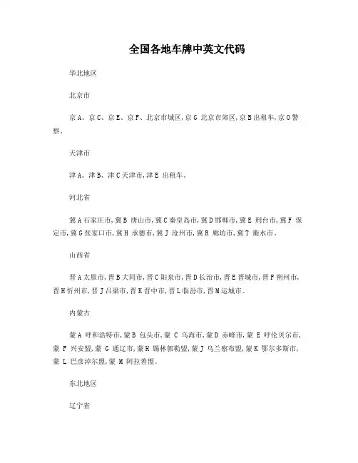 全国各地车牌中英文代码