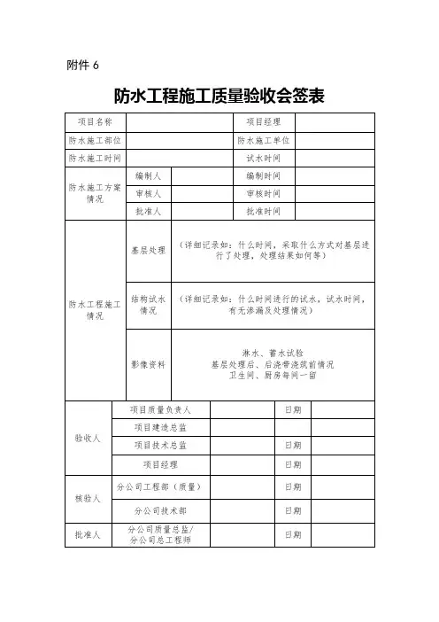 防水工程施工质量验收会签表