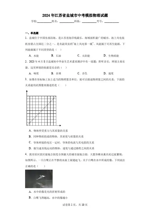【中考压轴】2024年江苏省盐城市中考模拟物理试题(附答案)