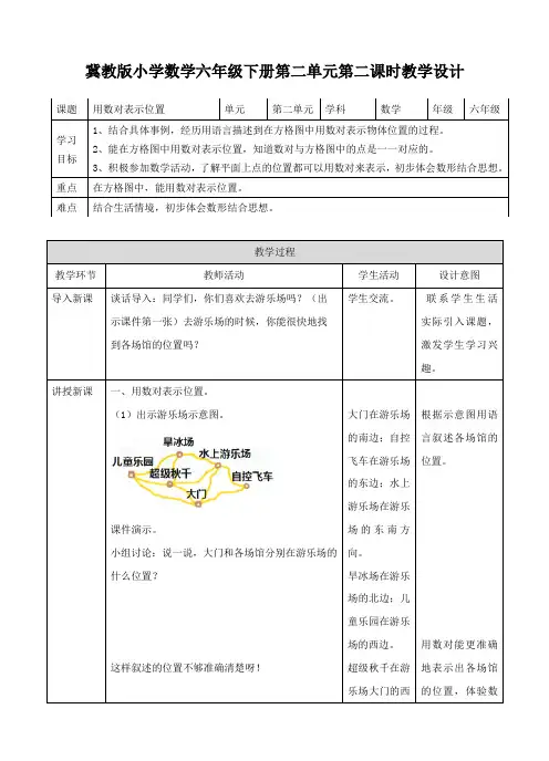 冀教版小学数学六年级下册第二单元第二课时教学设计课题用数对表示位置