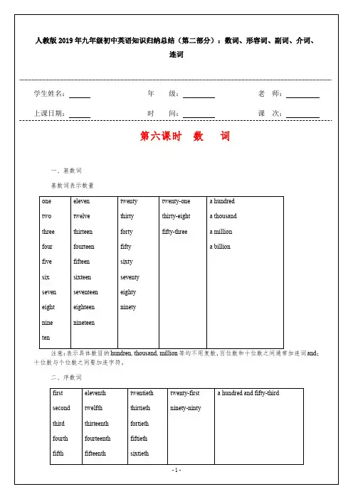 人教版2019年九年级初中英语知识归纳总结(第二部分)：数词、形容词、副词、介词、连词