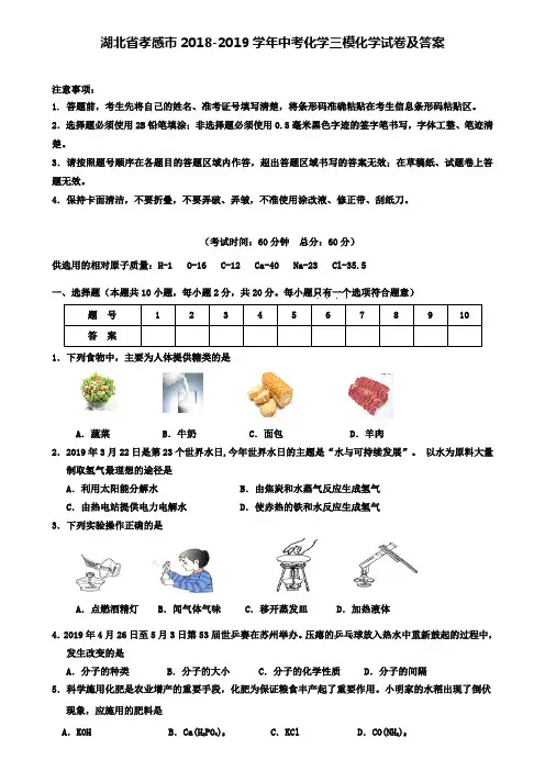 【附15套名校中考卷】湖北省孝感市2018-2019学年中考化学三模化学试卷及答案