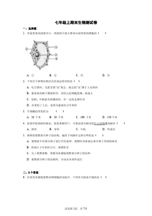 七年级上册生物期末试卷河少版一,单项选择题1.小兰用显微镜观察玻片标