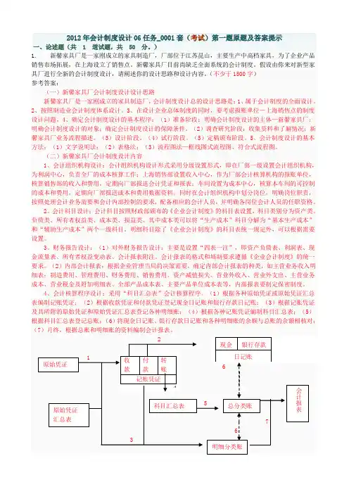 2012年会计制度设计06任务0001套第1题原题及答案提示