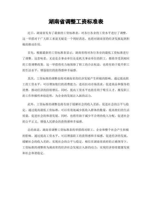 湖南省调整工资标准表