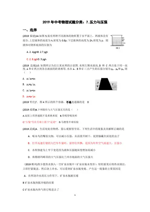 2019年中考物理试题分类：压力与压强