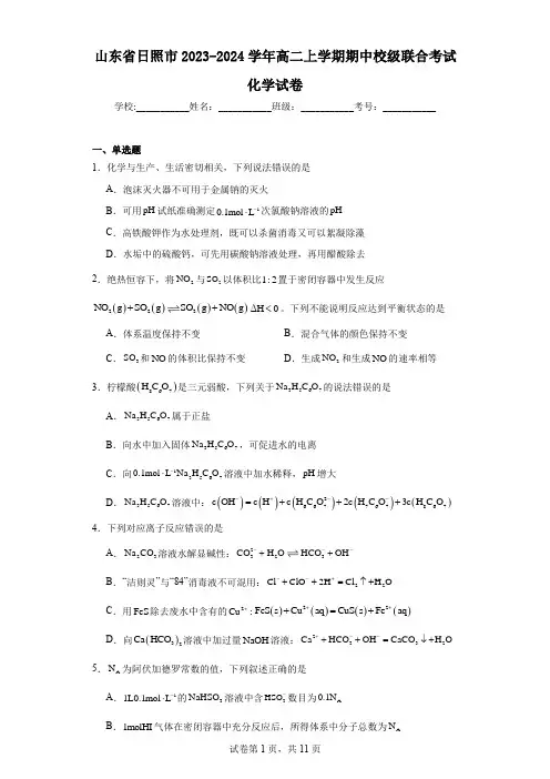 山东省日照市2023-2024学年高二上学期期中校级联合考试化学试卷