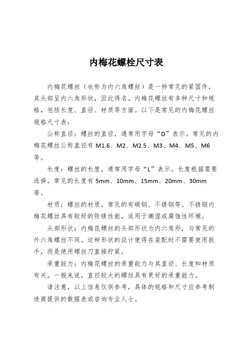 内梅花螺栓尺寸表