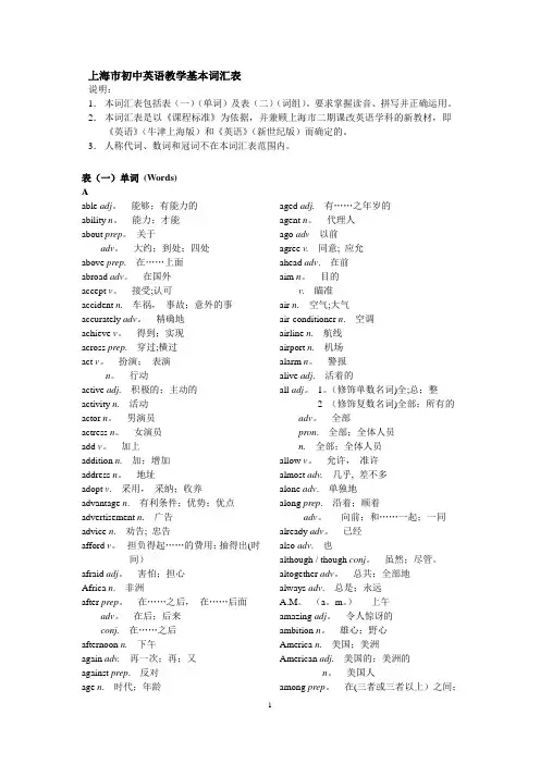 2018学年上海市中考英语考纲词汇表