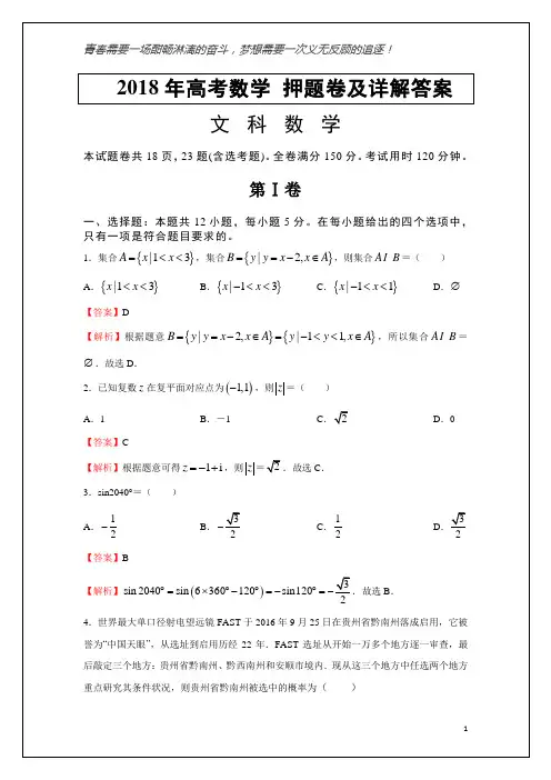 2018年高考数学(文) 押题卷及详解答案
