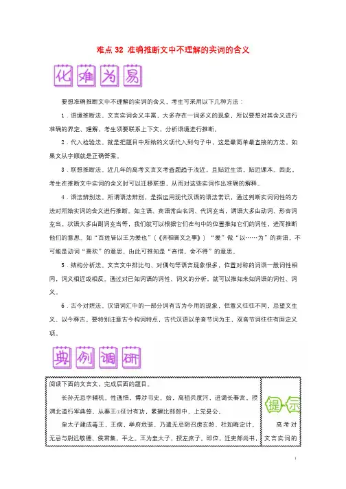 2018届高三语文难点突破100题难点32准确推断文中不理解的实词的含义含解析20190119143