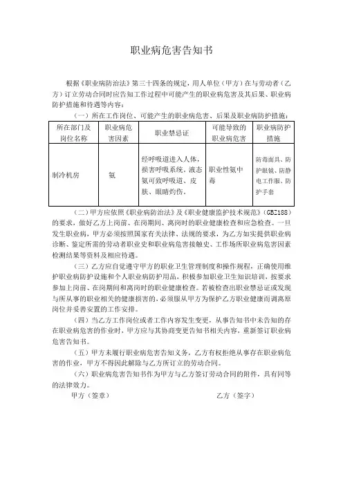 职业病危害告知合同(氨)