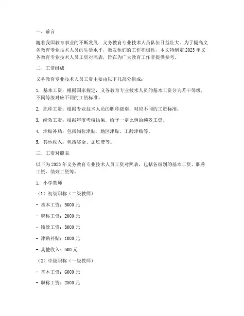 2023年义务教育专业技术人员工资对照表