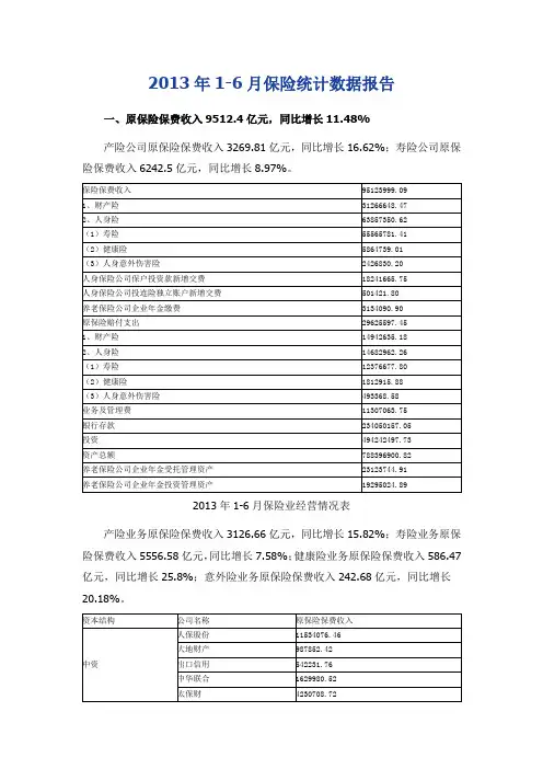 2013年1-6月保险统计数据报告
