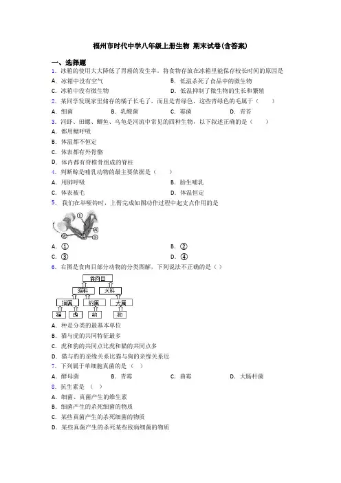 福州市时代中学八年级上册生物 期末试卷(含答案)