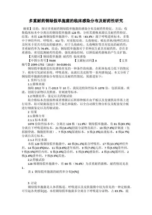 多重耐药铜绿假单胞菌的临床感染分布及耐药性研究