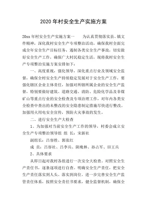 2020年村安全生产实施方案