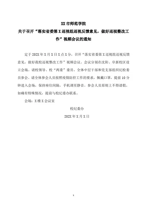 XX市师范学院关于召开“落实省委第X巡视组巡视反馈意见,做好巡视整改工作”视频会议的通知
