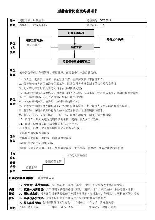 后勤主管岗位说明书