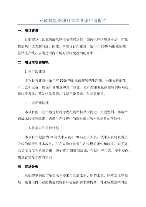 亚硫酸氢钠项目立项备案申请报告
