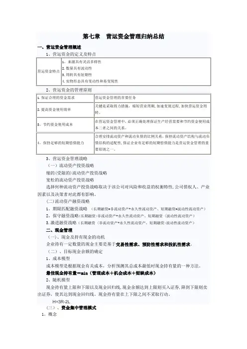 第七章--营运资金管理归纳总结-中级财务管理