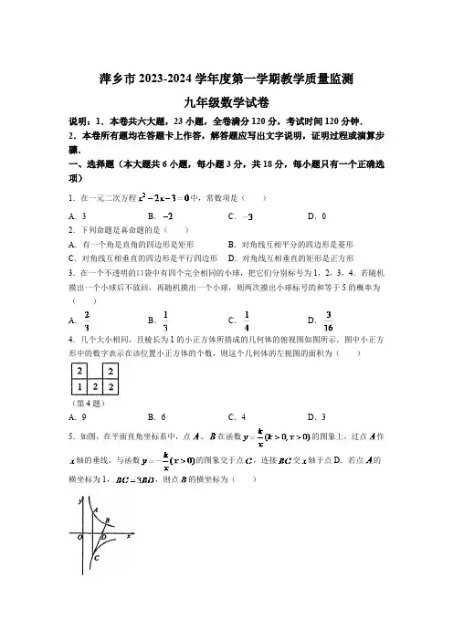 江西省萍乡市2024届九年级上学期期末质量监测数学试卷(含答案)