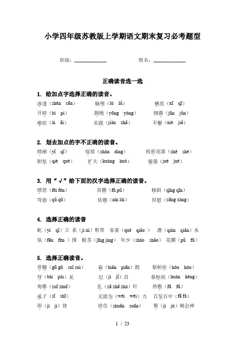 小学四年级苏教版上学期语文期末复习必考题型