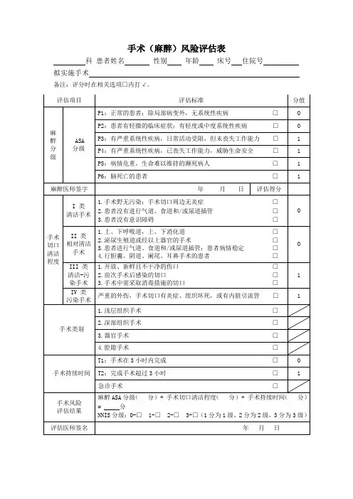 手术(麻醉)风险评估表