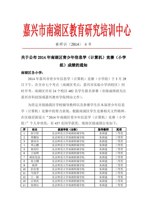 关于公布2014年南湖区青少年信息学(计算机)竞赛(小学组)成绩的通知