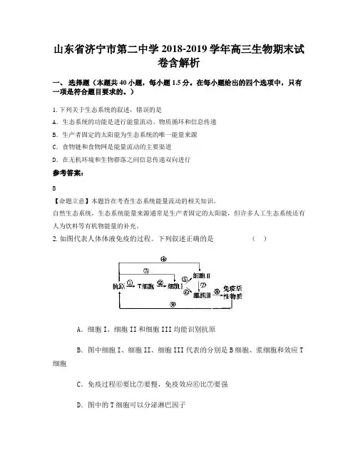 山东省济宁市第二中学2018-2019学年高三生物期末试卷含解析