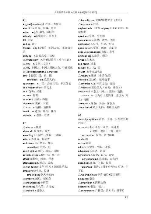 人教版英语必修1-选修8单词(按字母顺序)