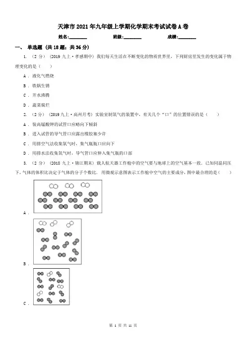 天津市2021年九年级上学期化学期末考试试卷A卷