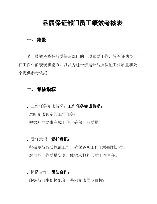 品质保证部门员工绩效考核表