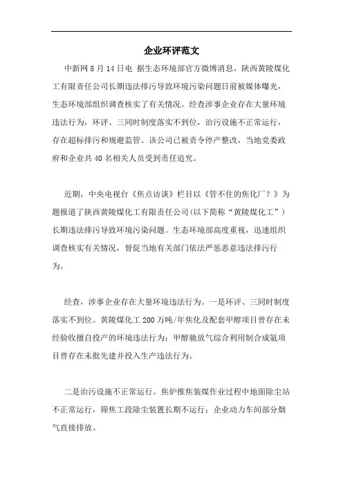 2020年企业环评范文