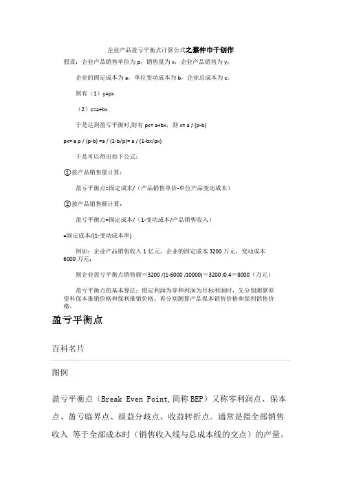 企业产品盈亏平衡点计算公式