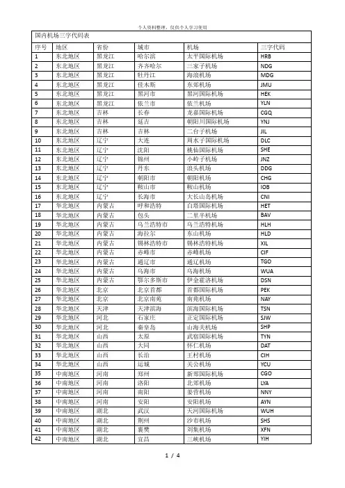 国内机场三字代码表