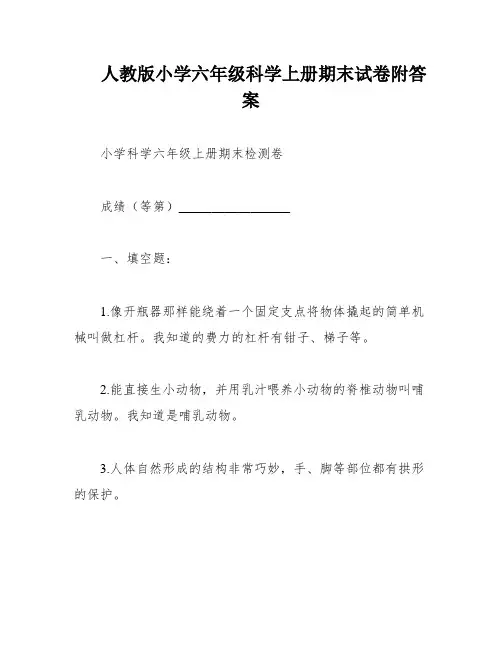 人教版小学六年级科学上册期末试卷附答案