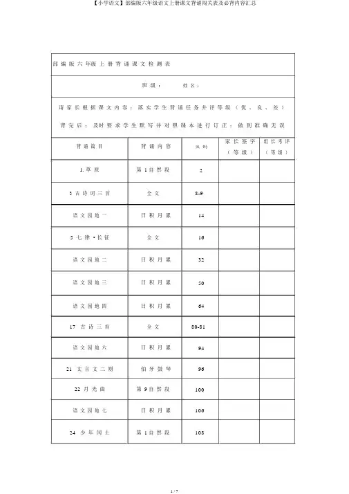 【小学语文】部编版六年级语文上册课文背诵闯关表及必背内容汇总