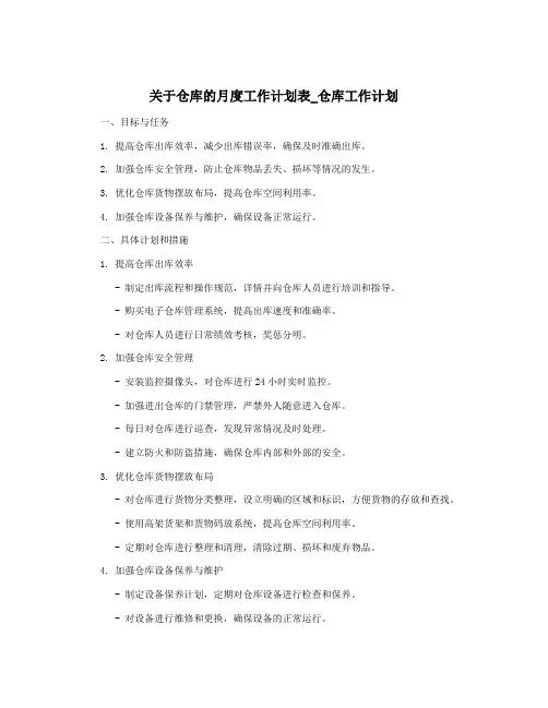 关于仓库的月度工作计划表_仓库工作计划