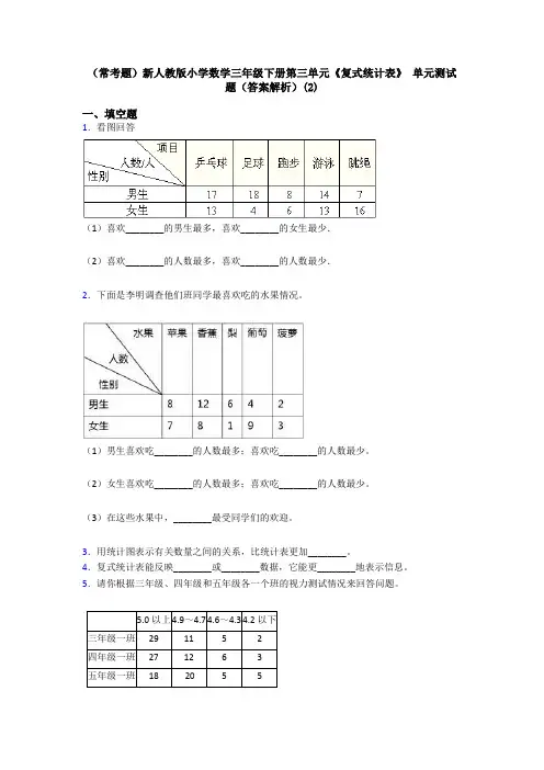 (常考题)新人教版小学数学三年级下册第三单元《复式统计表》 单元测试题(答案解析)(2)