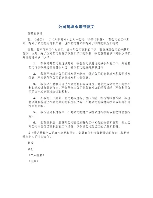 公司离职承诺书范文