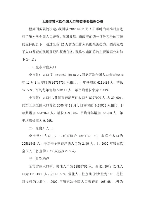 上海市第六次全国人口普查主要数据公报