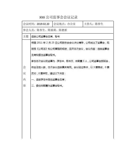 XXX公司监事会会议记录