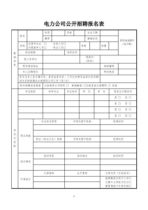 电力公司公开招聘报名表
