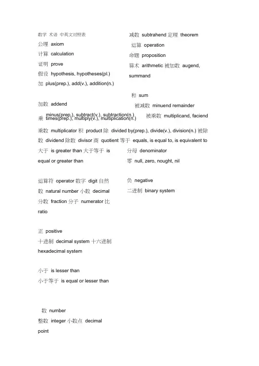 数学术语中英文对照表