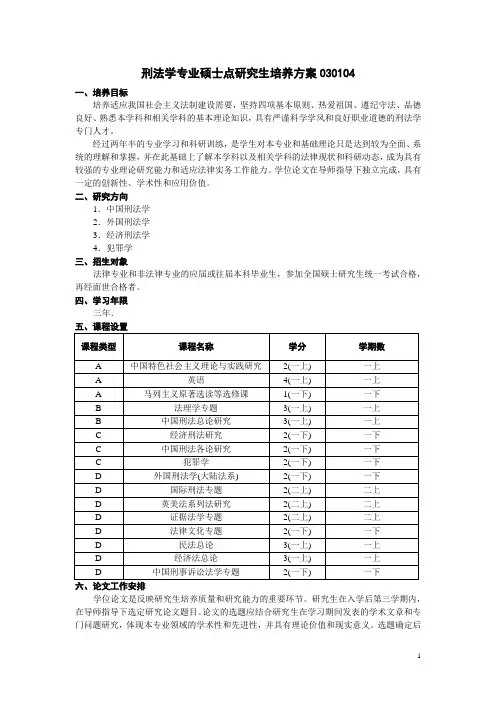 南京大学刑法学专业硕士点研究生培养方案