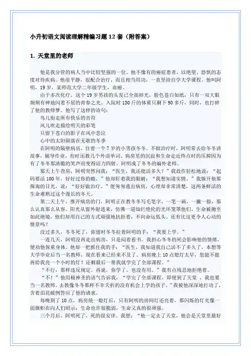 小升初语文阅读理解精编习题12套(附答案) 2