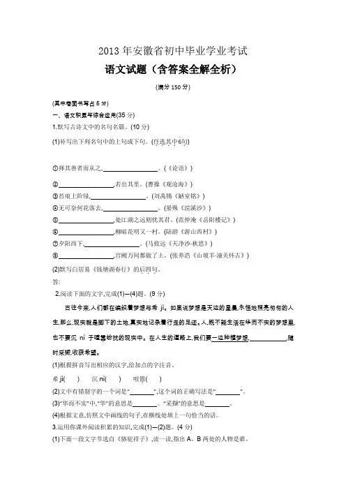 2013年安徽中考语文真题卷含答案解析