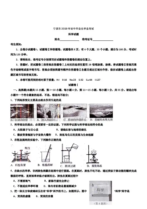 2019年浙江省宁波市中考科学试卷(含答案)
