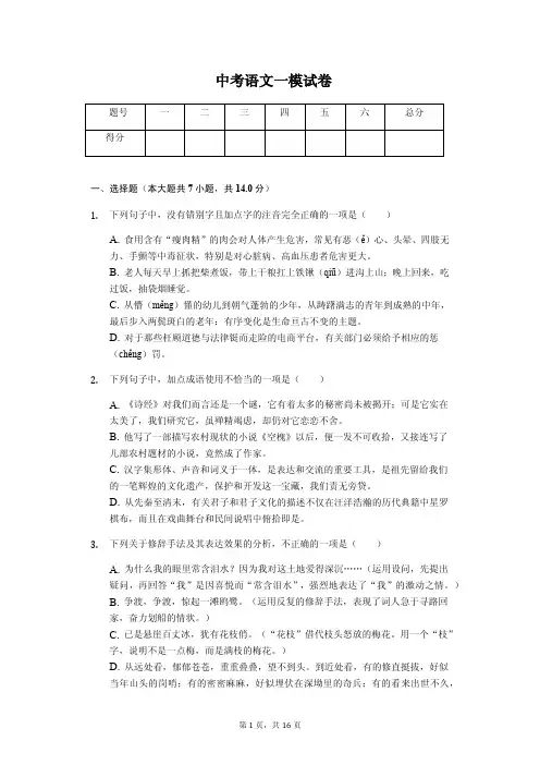2020年山东省淄博市中考语文一模试卷解析版  